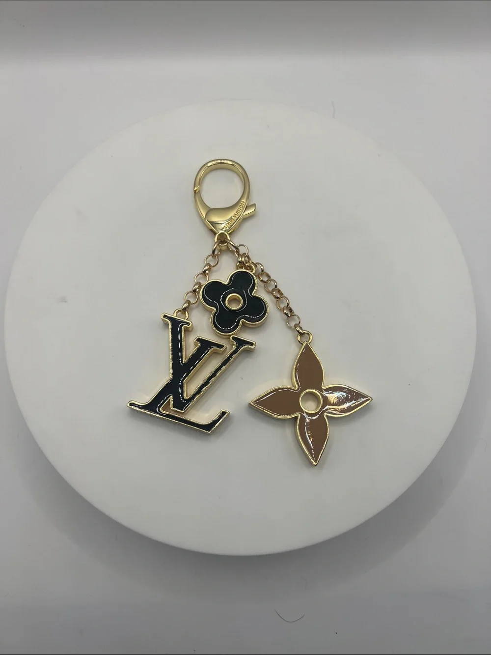 1400. Black & Tan Enamel Charm Bag Chain with Gold Hardware